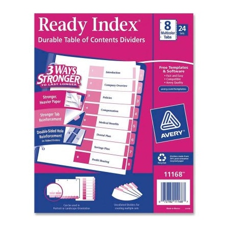 Avery Dennison Avery Uncollated Index Divider, Printed 1 to 8, 8.5"x11", 8 Tabs, 24 Sets, White/Multicolor 11168